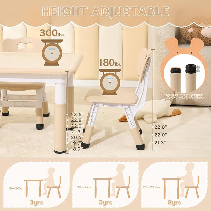 Height-Adjustable Kids Table and Chairs, 31.5''L x 23.6''W Toddler Table and 4 Chairs Set with Anti-Slip Foot Covers, Children Activity Table for Ages 2-10, Graffiti Desktop