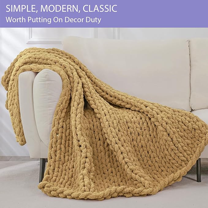 Bigacogo Chunky Knit Throw Blanket for Couch, 40x40 inches, 100% Hand Knitted with Thick Jumbo Chenille Yarn, Cozy Soft Large Rope Knot Cable Crochet Blankets for Sofa Bed Living Room, Goldenrod