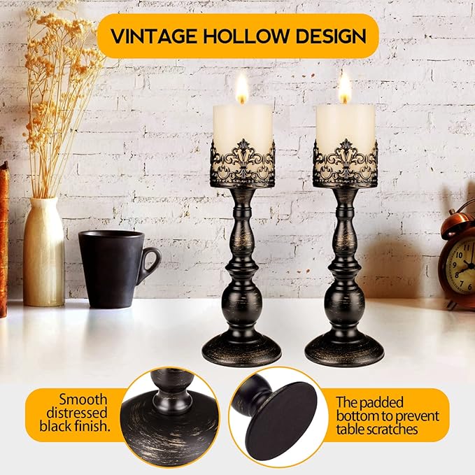 Candle Holders for Pillar Candles Gothic Matte Black Vintage Tall Candle Holders Set of 2 Decorative Large Table Centerpieces Candle Stand Decor (Distressed Black 2PCS A)