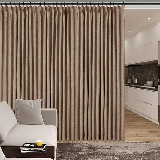 150 Inches Extra Wide Room Divider Draperies, Pinch Pleat Drapes, Absolutely Blackout Sliding Door Drapery, Total Privacy Ceiling Track Curtains, 150" W by 96" L, Taupe (1 Panel)
