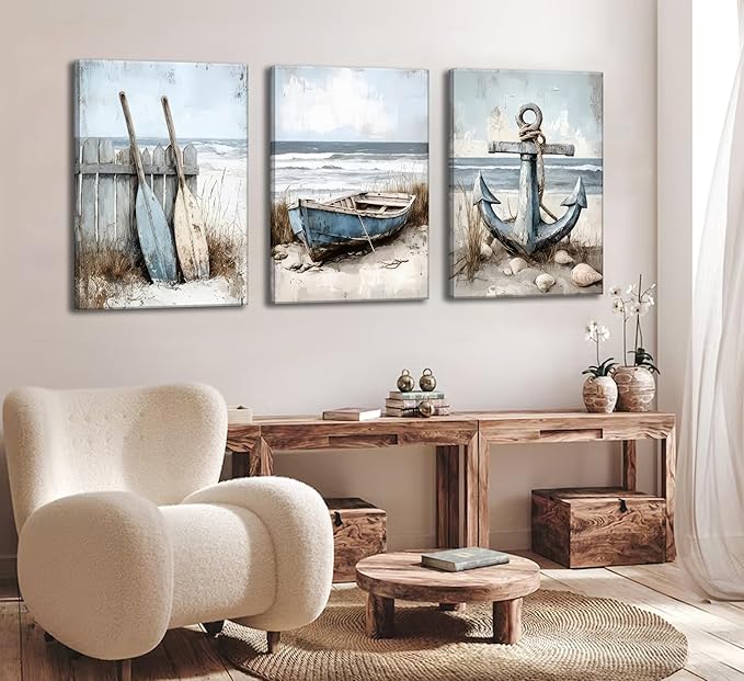 3Pcs Coastal Beach Canvas Wall Art Sailboat Paddle And Anchor Paintings Pictures Wall Decor Nautical Posters Prints Artwork Suitable for Living Room Bedroom Home Office Corridor Home Decroation