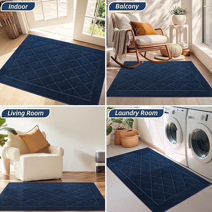 BEQHAUSE Dirt Trapper Door Mat 32" x 48", Doormat Non-Slip Entryway Rugs Washable, Dog Door Mat Stain Resistant and Absorbent Welcome Floor Mat for Front Back Door, Muddy Wet Shoes & Paws, Navy Blue