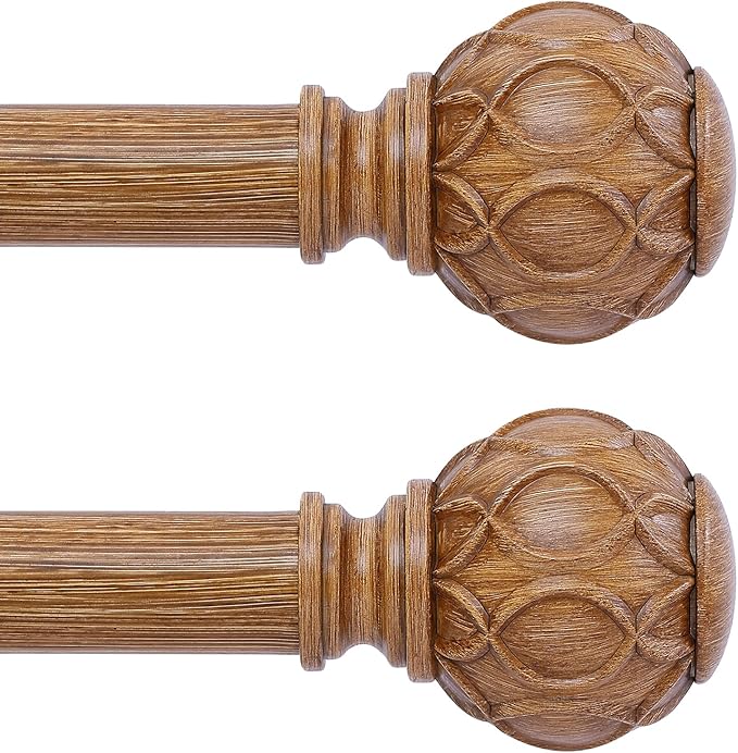 2 Pack Wood Curtain Rods for Windows 28 to 48 Inch(2.3-4Ft),1 Inch Adjustable Curtain Rod,Heavy Duty Curtain Rods,Wooden Netted Texture Drapery Rods,Single Window Curtain Rod 18-45",Brown Wood