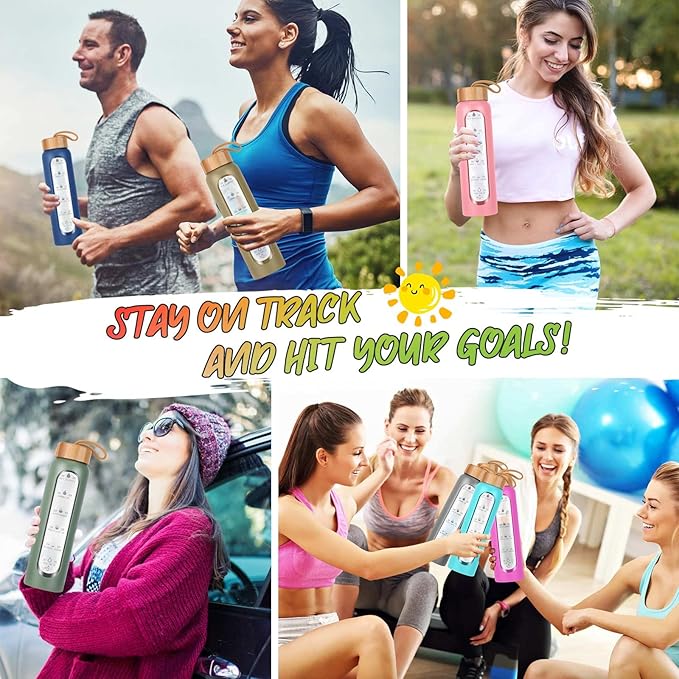 Aqulea Glass Water Bottles 32 Oz with Silicone Sleeve - BPA Free Reusable Wide Mouth Glass Motivational Water Bottles with Fruit Infuser – Leak Proof Borosilicate Water Bottle with Time Marker (Rose)