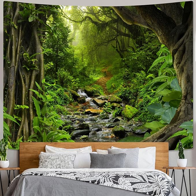 AMM Green Rainforest Tapestry Nature Forest Tapestry for Bedroom Aesthetic Misty Tropical Jungle Trees Flowing Stream Landscape Tapestries Wall Hanging for Living Room Dorm 90 x 68 Inch