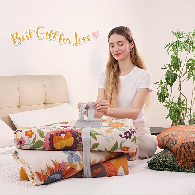 Boho Throw Blanket, 100% Organic Muslin Cotton Breathable Ultra Soft Bed Quilt Throw - All Season Floral Bird Butterfly Farmhouse Decor Blanket for Sofa Couch Chair and Gift. 50" x 60"