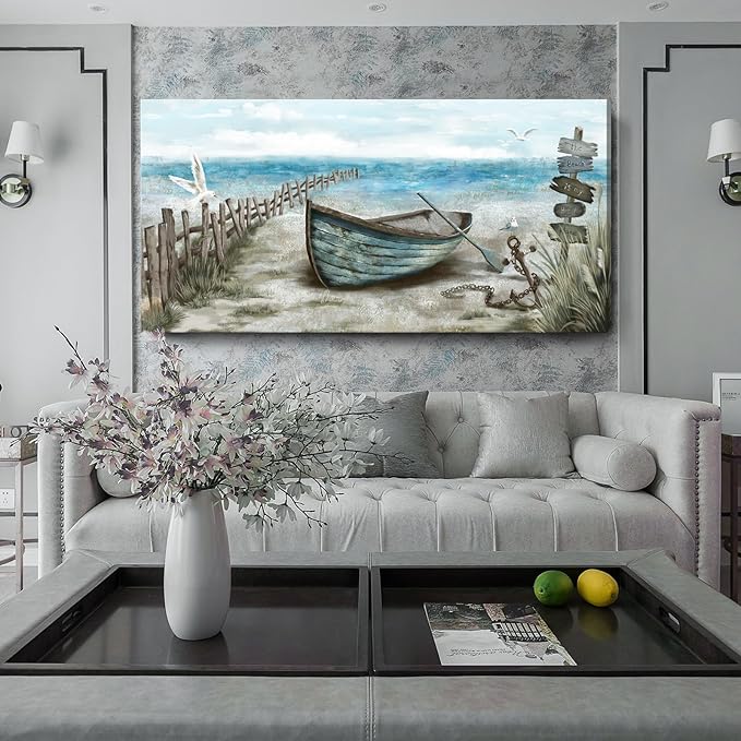 amatop Extra Large Wall Art for Living Room Rustic Coastal Décor Canvas Print Seagull Vintage Ship Sea Bird Artwork Blue Nature Big Beach Landscape Painting Seaside Ocean Picture for Bedroom Décor