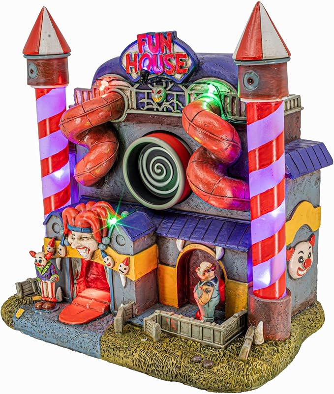 Carnival Funhouse Clown Theme Spooky Halloween Village Multi-Color LED Lights, Motion and Music 9.25" x 5.75" x 9.5"