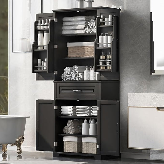 72.2" Tall Storage Cabinet with 4 Doors and Drawer, Freestanding Linen Cabinet, Wooden Pantry with Adjustable Shelf for Kitchen, Bathroom, Living Room Black