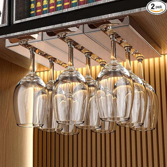 2 Pcs Wine Glass Holder,Stemware Rack Punch-free Hanging Under Cabinet for Bar,Kitchen and Restaurant (Brown)