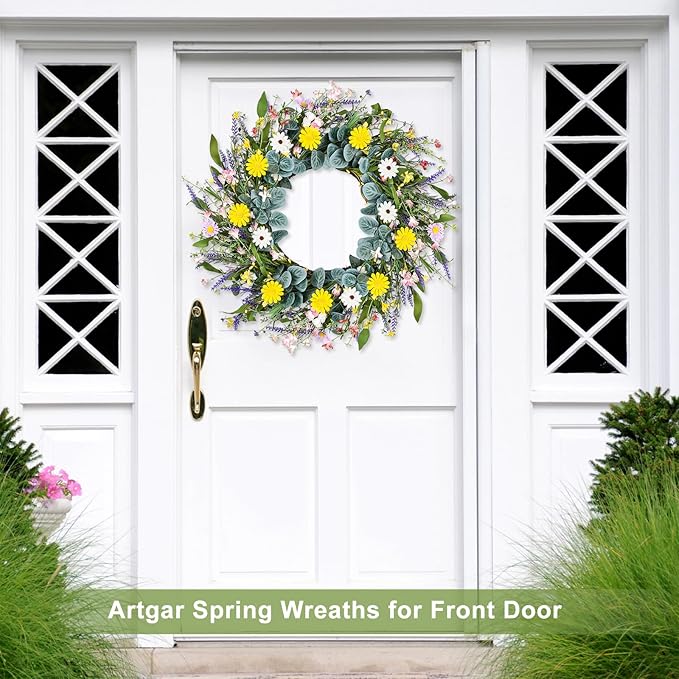 Artgar Spring Wreaths for Front Door, 24 Inch Daisy Wreath, Artificial Spring Summer Wreath with Eucalyptus Leaves Paper Flowers for Indoor Outdoor Home Door Window Wall Wedding Decor
