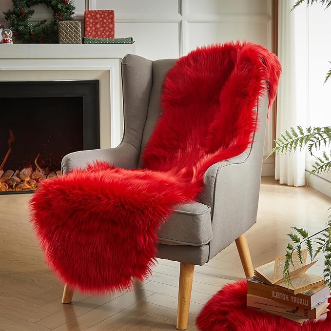 AMTOVO Faux Sheepskin Rug, Red Ultra Soft Fluffy Shag Area Rug, 2 x 6 ft Faux Fur Rug for Bedroom Sofa Throw Cushion Room Decor, Sheepskin