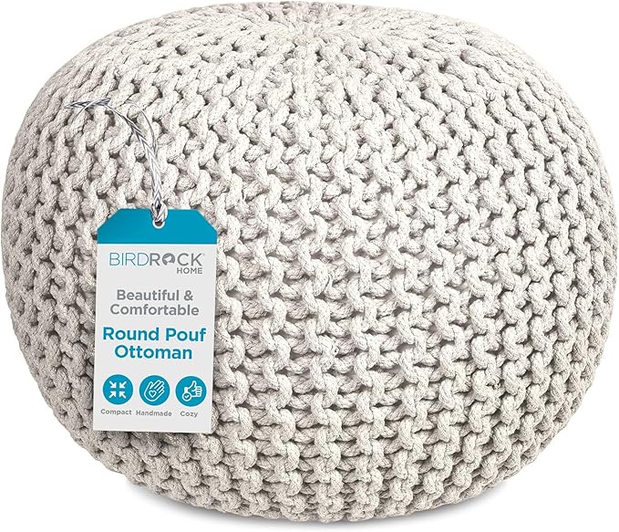 BIRDROCK HOME Round Pouf Ottoman | Cotton Braided Foot Stool with Bean Bag Filling | Boho Foot Rest for Living Room & Bedroom | Compact & Comfortable Seating, Lightweight & Soft | Ivory