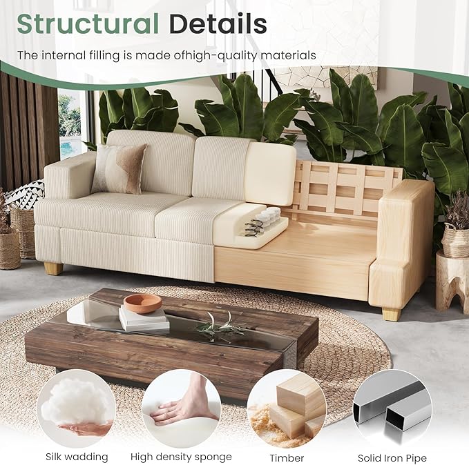 63" Corduroy Sofa Couch Loveseat for Living Room, Small Seep Seat Loveseat Sofa for Bedroom, Comfy Chenille Couch for Small Spaces, White Corduroy