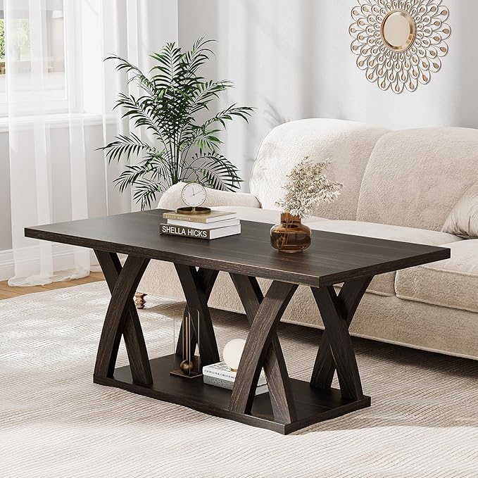 47” Wood Coffee Tables for Living Room Rustic Stands with Storage Shelf Brown Coffee Tables for Living Room. Farmhouse Center Stands with Shelf Farmhouse Rectangle Center Table