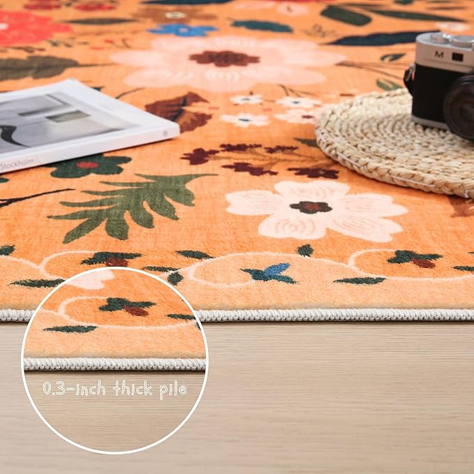 Area Rug 4x6 Rug Washable Boho Rugs Non Slip Low Pile Floral Small Carpet for Bedroom, Bedside, Kids Room, Office, Dining Room(Yellow)