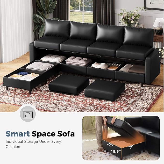 ABCASA Oversized 145.5" Faux Leather Modular Sectional Sofa, Modern Large 12 Seater U Shaped Couch with Storage Seat with Reversible Chaise Deep Seat for Living Room DIY Combination - Black