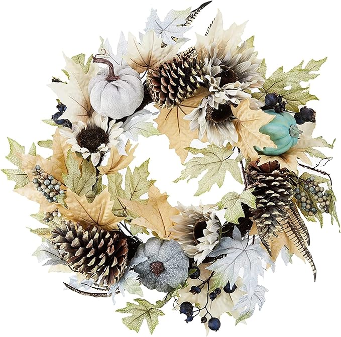 Admired By Nature 24 Inch Artificial Pumpkin Sunflower Fall Wreath Wall Door Farmhouse Decor For Home Office Thanksgiving Harvest Wreaths For Front Door Cemetery Wreaths Indoor Outdoor, Rustic White