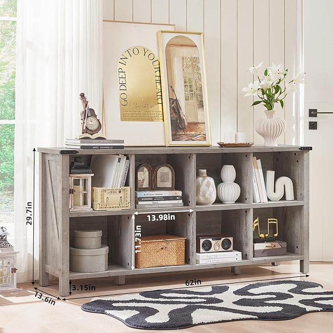 8 Cube Book Shelf, Farmhouse Wood Long Storage Organizer Bookcase, 62" Horizontal Grey Oak Console Closet Bookshelf, Hallway TV Stand for Entryway, Display Cabinet Book Case for Living Room