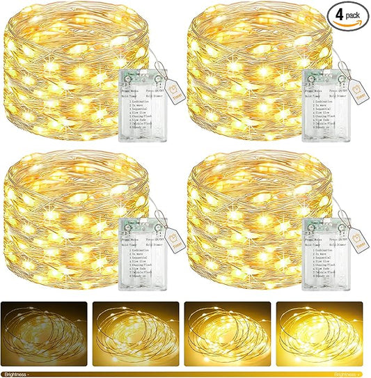 btfarm 4 Pack Fairy Lights Battery Operated with Timer, 16.4 FT 50 LED Twinkle String Lights 8 Modes Dimmable Waterproof Silver Wire for Indoor Bedroom Christmas Party Wedding Decorations, Warm White