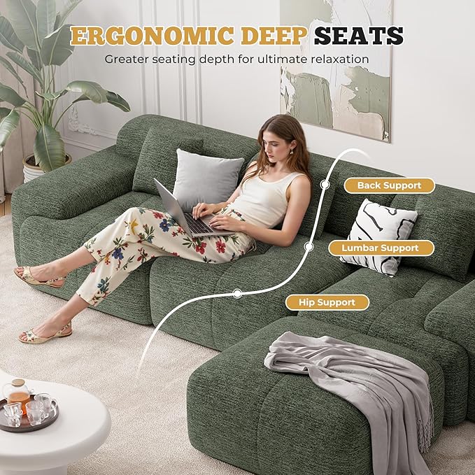 122" Modern L Shaped Modular Sectional Sofa, Boneless Couches for Living Room with Ottoman,4 Seater Convertible Chenille Cloud Couch Sofa Set, No Assembly Required, Green 1 PCS