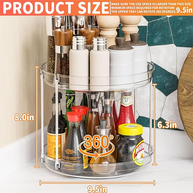 2 Tier Lazy Susan Turntable for Cabinet,Countertop,Pantry,9.5"W Spinning Seasoning Organizer,Double Rotating Kitchen Spice Rack Organizer and Condiments,Medicine,Vitamin Bottle Organizer Carousels,1Pc