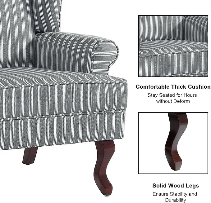 Accent Chair, High Back Upholstered Armchair with High Resilience Sponge & Wood Legs, Mid-Century Modern Comfy Single Sofa Reading Chairs for Living Room, Bedroom (Stripe Grey, Set of 1)