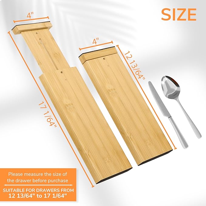 BAMEOS 4 PCS Bamboo Drawer Divider Adjustable Drawer Dividers Kitchen Drawer Organization Utensil Organizers for Kitchen Dresser Bathroom Bedroom and Office