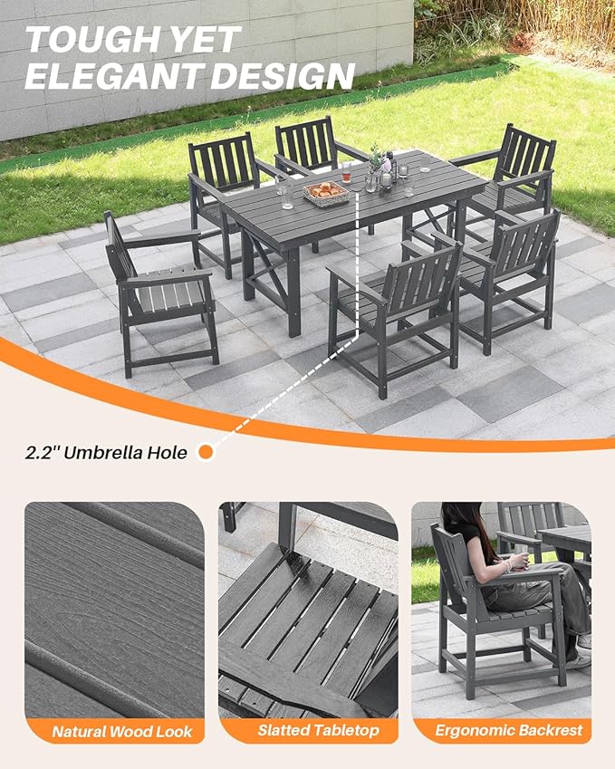 7 Pieces HDPE Outdoor Dining Set, Patio Dining Set with Umbrella Hole, All Weather Outdoor Dining Table Sets for 6, HDPE Patio Furniture Sets for Deck, Backyard, Lawn, and Poolside, Smoke Gray
