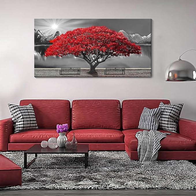 Black and White Red Tree Wall Art Canvas Print Picture Large Red Tree Landscape Modern Artwork for Living Room Bedroom Office Home Wall Decor With Frame 24X48inch