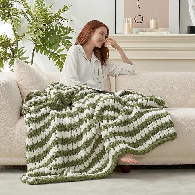 Amélie Home Chunky Knit Throw Blanket for Couch, Soft Chenille Crochet Blanket for Sofa, 50"x60", Sage Green & White Striped