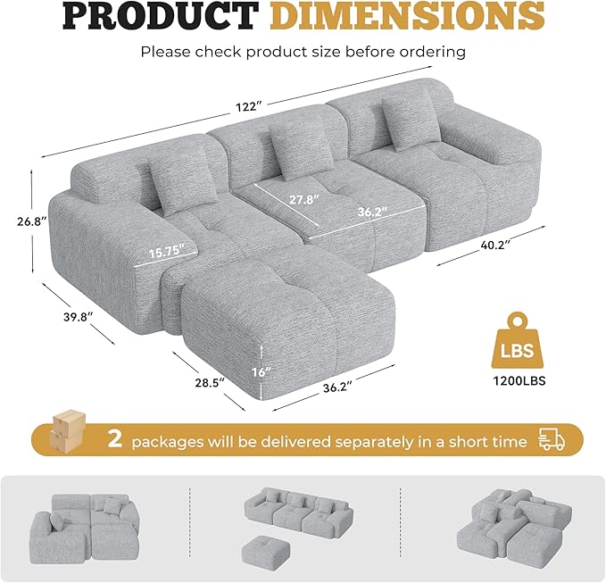 122" Modern L Shaped Modular Sectional Sofa, Boneless Couches for Living Room with Ottoman,4 Seater Convertible Chenille Cloud Couch Sofa Set, No Assembly Required, Light Grey 1 PCS