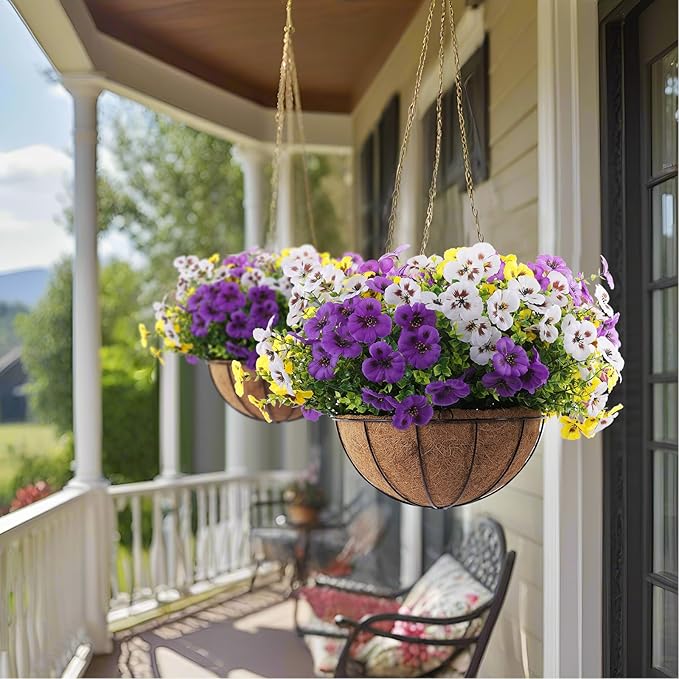 Artificial Fake Pansy Flowers for Outdoor, 36 Bundles Faux Silk Pansies Spring Flowers for Outside for Planter Front Door Porch Yard Patio Window Box Home Decor (36, Purple, Yellow, White)