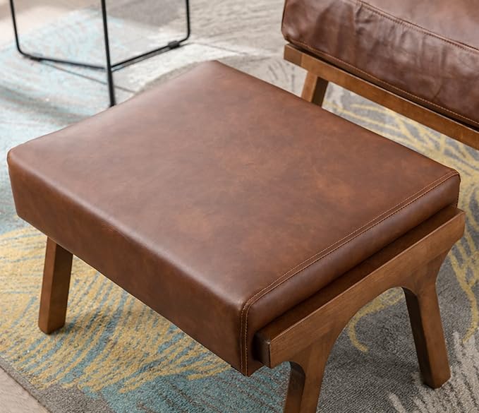 Brown Leather Accent Chair and Ottoman, Mid Century Modern Arm Chair, Retro Upholstered Armchair with Wood Frame & Removable PU Cushions, Large Leisure Slipper Chair for Living Room/Bedroom, Set of 2