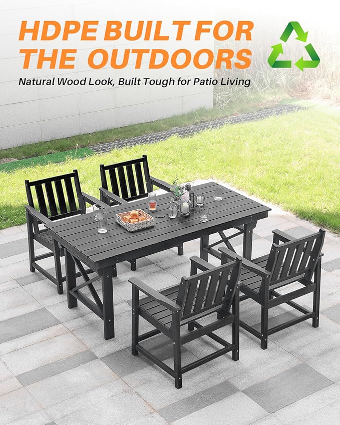 HDPE Outdoor Dining Table, 66.9” Rectangle Patio Dining Table for 6, All-Weather HDPE Outdoor Table with 2.2” Umbrella Hole, HDPE Patio Furniture for Deck, Backyard, Garden, Pool, Obsidian
