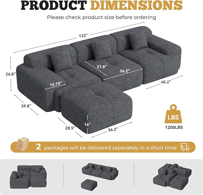 122" Modern L Shaped Modular Sectional Sofa, Boneless Couches for Living Room with Ottoman,4 Seater Convertible Chenille Cloud Couch Sofa Set, No Assembly Required, Grey-Black 1 PCS