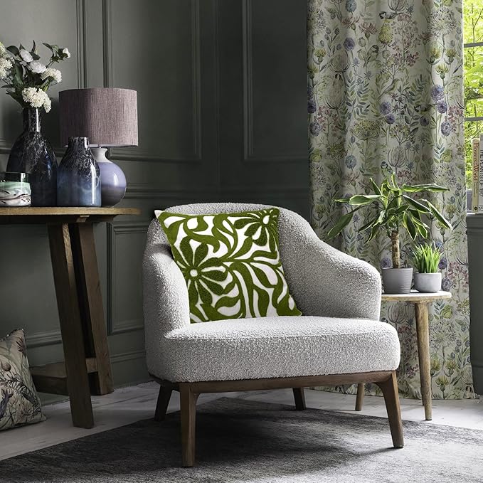 Alysheer Farmhouse Floral Leaves Embroidered Decorative Throw Pillow Cover 18x18 inches, Boho Tufted Flowers Embroidery Pattern Chic Cotton Cushion Case for Couch Bed Sofa Living Room(Olive Green)