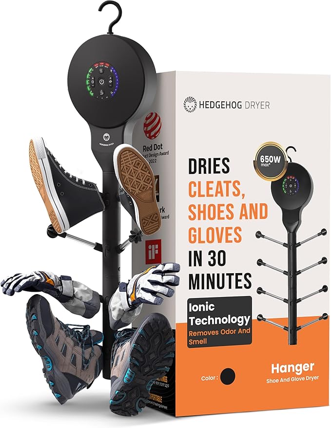 Hedgehog Hanger Shoe Dryer and Deodorizer for Sneakers, Gloves & Mittens – Rapid 4 Pair Shoes Dryer with Ionic i3 Turbo Technology, Turbocharged Drying, Silent & Tornado Mode, Adjustable Heat, Black