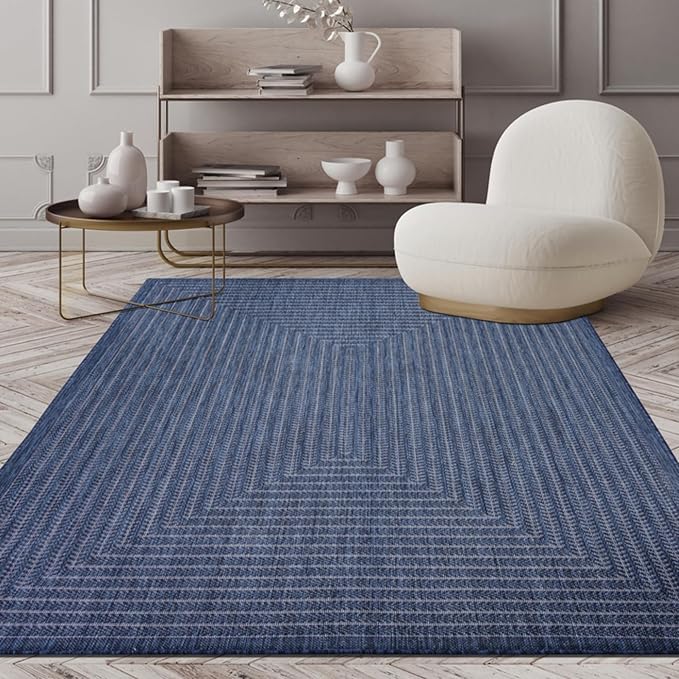 Adiva Rugs Outdoor Indoor Area Rug, Weather Resistant, Easy to Clean, Stain Resistant Floor Mat for Dining Room, Backyard, Deck, Patio (Navy Weiss, 2'6" x 7')