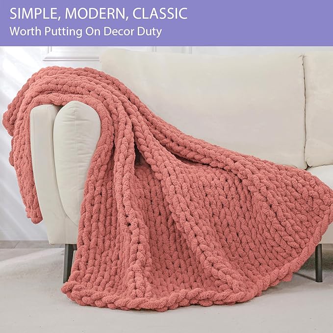 Bigacogo Chunky Knit Throw Blanket for Couch, 40x40 inches, 100% Hand Knitted with Thick Jumbo Chenille Yarn, Cozy Soft Large Rope Knot Cable Crochet Blankets for Sofa Bed Living Room, Antique Red