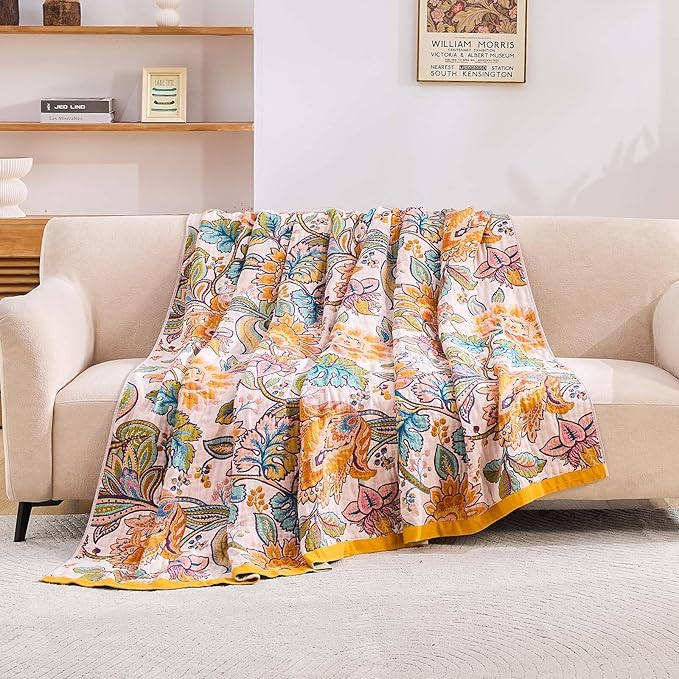 Boho Throw Blanket for Bed, 100% Cotton Soft Rustic Quilt Fall Blanket, 60"x80" Floral Printed Farmhouse Decor Bed Blankets, All Season Rustic Reversible Bohemian Throw Quilt