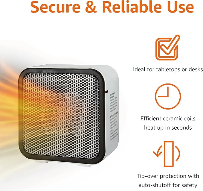 Amazon Basics Ceramic Space Heater, Mini Heater for Office Desk, 500 W, Portable Tent Heater for Camping (Indoor Use), With Tip-Over Protection, Lightweight (1.4 LBS), White, 5.9 x 3.2 x 6 inches