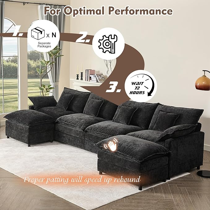 142.5" U Shaped Couch, Modular Sectional Sofa, 3-Seater Comfy Cloud Couch with Movable Ottoman, Deep Seat Couches for Living Room, Chenille, Black