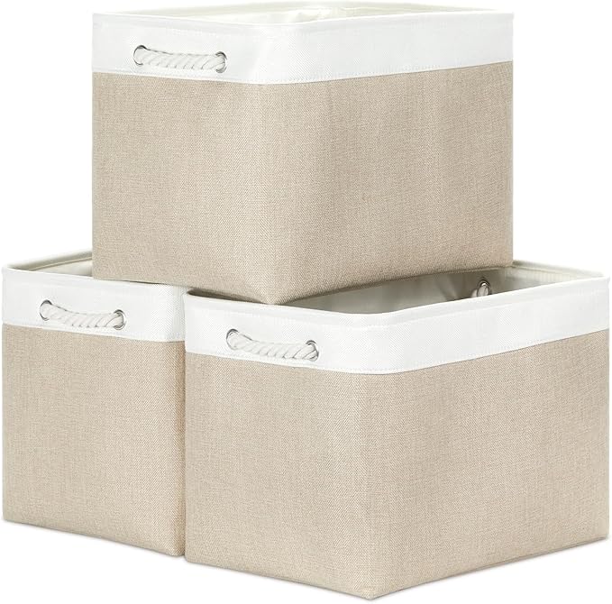 Bidtakay Large Storage Baskets for Organizing Fabric Closet Organizers Storage Bins with Handles 3-Pack 16x11.8x11.8 Inch Collapsible Baskets for Shelves Clothes Home Organization L-White&Beige
