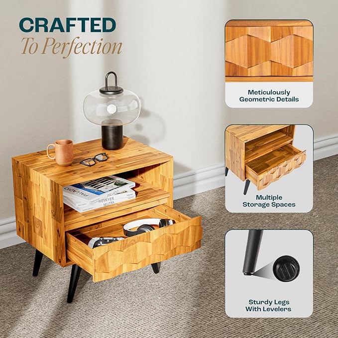 Bme Georgina Solid Wood Nightstand With 1 Drawer & Open Shelf- Fully Assembled Mid Century Modern Side Table - Geometric Pattern Bedside Dresser for Bedroom and Living Room