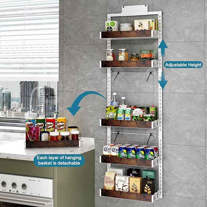 bukfen Over the Door Pantry Organizer, 6-Tier Adjustable Wooden Basket Kitchen Pantry Door Organization and Storage, Heavy-Duty Metal Hanging Kitchen Spice Rack,D6.3 x W17.71 x H50.60 inch,White