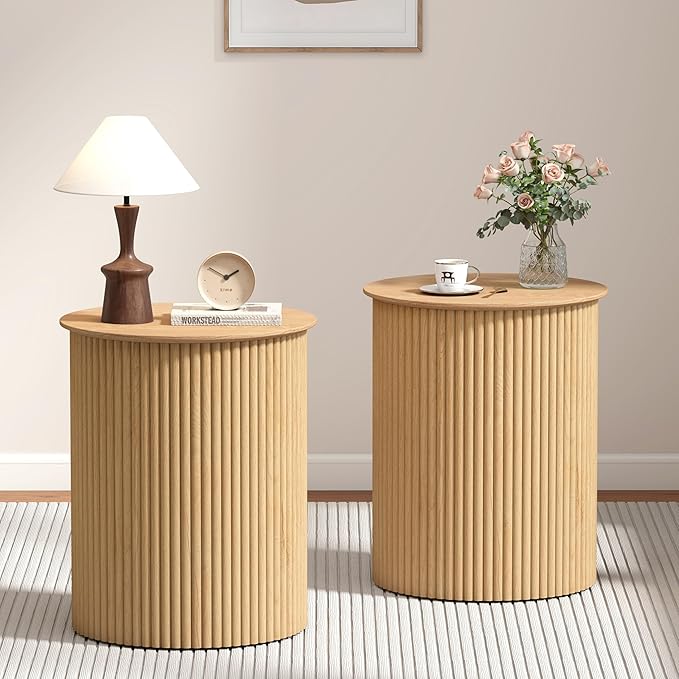 AVZEAR Fluted Round Side Table, Small End Table Modern Boho Nightstands, Circle Bedside Tables Bohemian Accent Table Wood Night Stand for Small Spaces, Living Room, Bedroom(Natural)