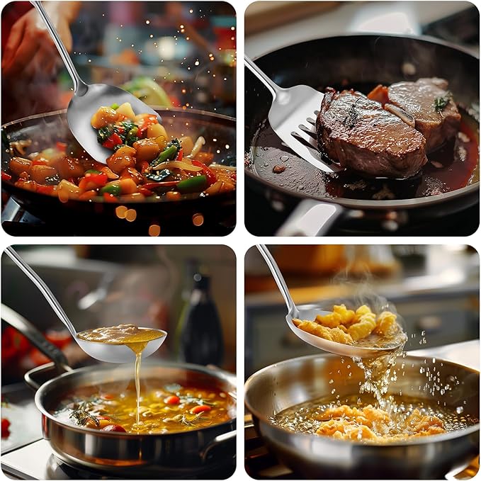 15" Wok Spatula and Ladle,Skimmer Spoon, Slotted Turner Spatula,304 Stainlss Steel Matte Kitchen Utensils Set,4PCS Wok Accessories,Cooking Utensils Tools