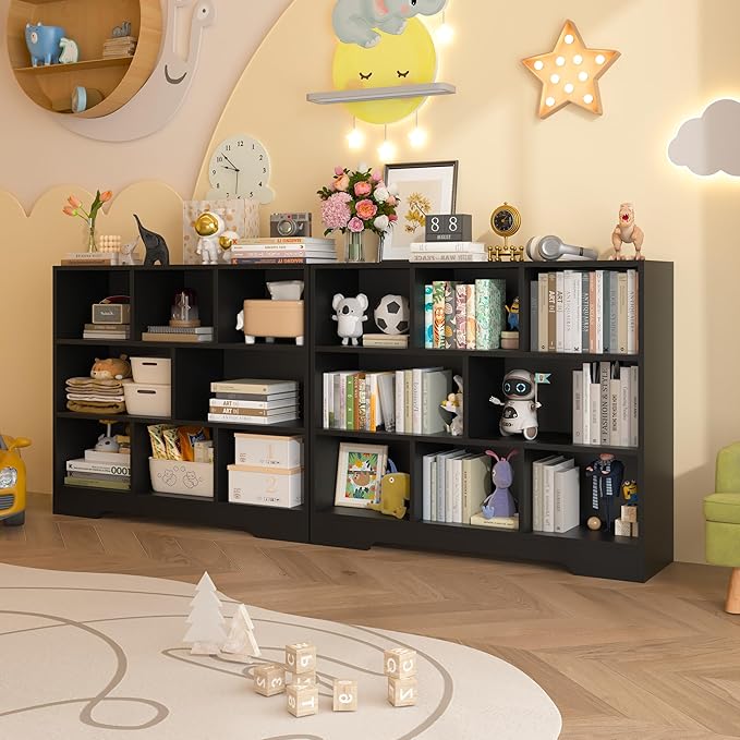 Book Shelf Set of 2, 8 Cubes Storage Organizer, 3-Tier Open Shelf Wooden Bookcase, Freestanding Balck Bookshelf Cube Shelf for Bedroom, Living Room, Home Office