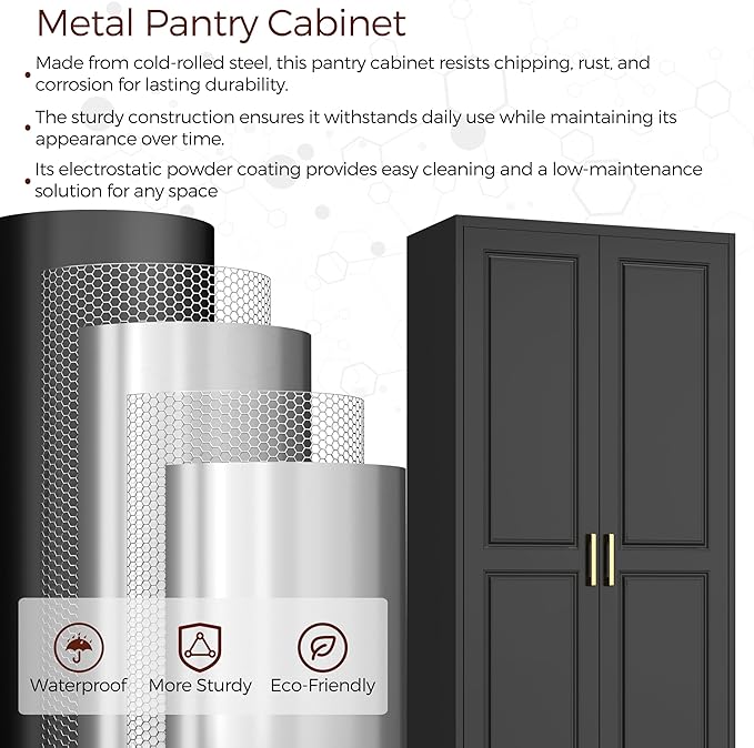 75" Kitchen Pantry Cabinet, Black Metal Storage Cabinets with 2 Doors and 4 Adjustable Shelves, Tall Pantry Storage Cabinet for Kitchen, Dining Room, Living Room